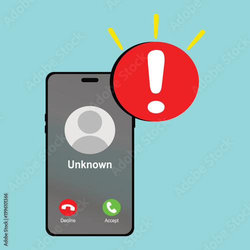 Vector illustration of a scam warning symbol on a smartphone. Warning sign, call, attack, hacking, malware, in a flat design style.