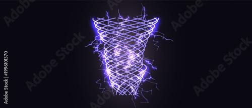 Electric Vortex Tornado Lightning Energy Plasma Storm Neon Purple Glow Spiral Cyclone Power Voltage Futuristic Abstract Background. Vector Illustration.