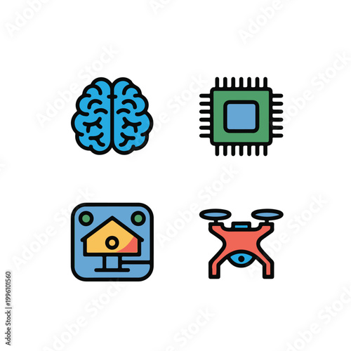 brain chip drone technology icon set
