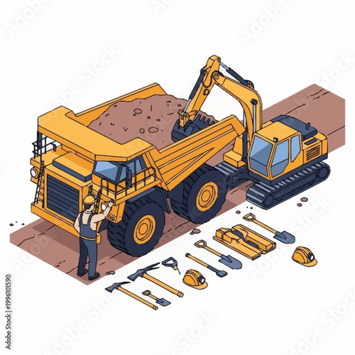 Construction worker loading dump truck with excavator heavy machinery equipment.