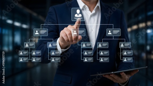 Corporate management concept with virtual organization chart and leadership structure display