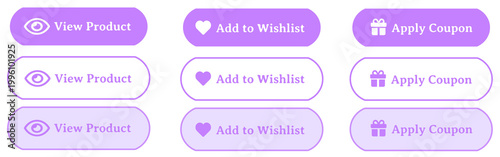 Minimal Purple and White E-commerce Button Set with View Product Add to Wishlist Apply Coupon Icons, Clean Modern UI Elements, Rounded Soft Interface Design, Simple Easy-to-Use Web and Mobile Shopping