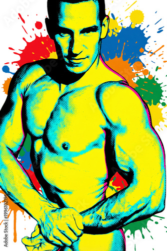 Muscular bodybuilder posing proudly. Neon pop art illustration style. Peak physical fitness and bodybuilding commercial concepts.
