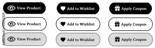 Minimal Black and White  E-commerce Button Set with View Product Add to Wishlist Apply Coupon Icons, Clean Modern UI Elements, Rounded Soft Interface Design, Simple Easy-to-Use Web and Mobile Shopping