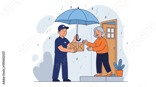 Delivery Person Handing Package to Elderly Woman at Home Door Under Umbrella