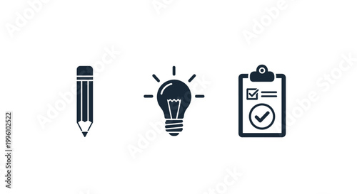 Pencil Lightbulb Clipboard Business Concept Icons.