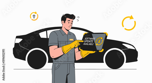 Mechanic confused by car software update available notification on laptop