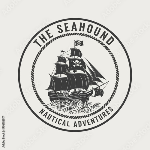 Vintage Pirate Ship Emblem Nautical Adventures.