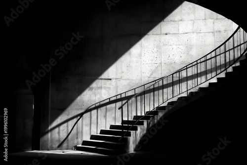 Shadow play on a modern staircase with railing highlighting architectural forms and details in a well-designed space