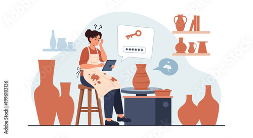 Potter struggling with password security while working on pottery wheel