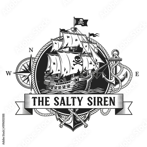 Vintage Pirate Ship Emblem The Salty Siren Nautical Theme.
