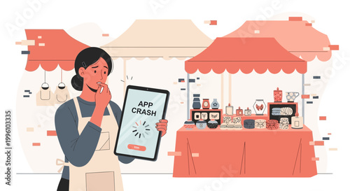 Small business owner frustrated by app crash on tablet at market stall