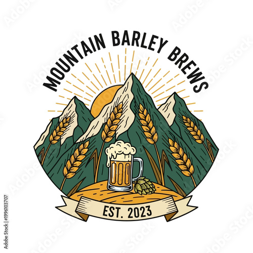 Mountain Barley Brews Logo with Beer and Mountains.