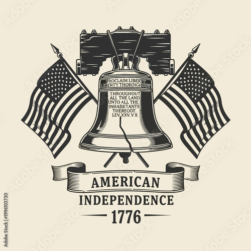 American Independence Symbol Liberty Bell with Flags.