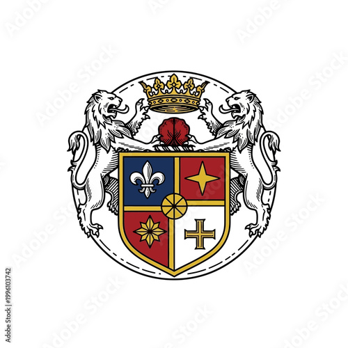 Heraldic Crest with Lions and Crown Symbolizing Royalty and Nobility.