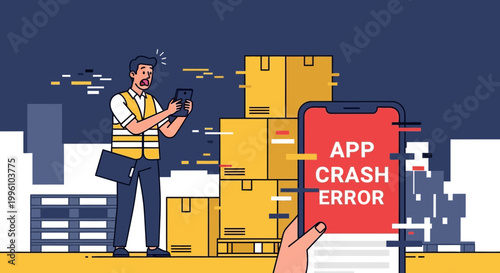 Warehouse worker frustrated by app crash error on smartphone amidst inventory