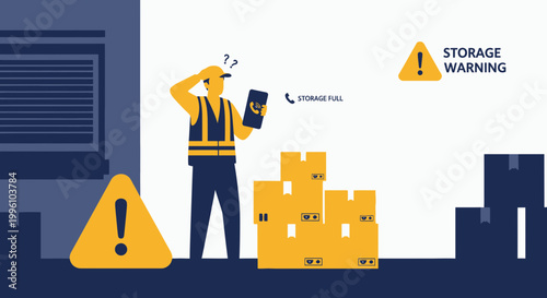 Warehouse worker stressed about storage full notification and overflowing boxes
