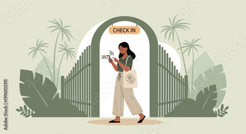 Woman checking in with smartphone at tropical resort gate with lush greenery