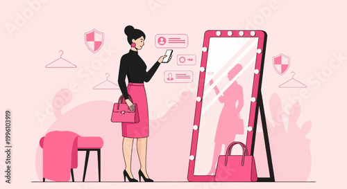 Woman choosing outfit online via smartphone in front of mirror, fashion app concept