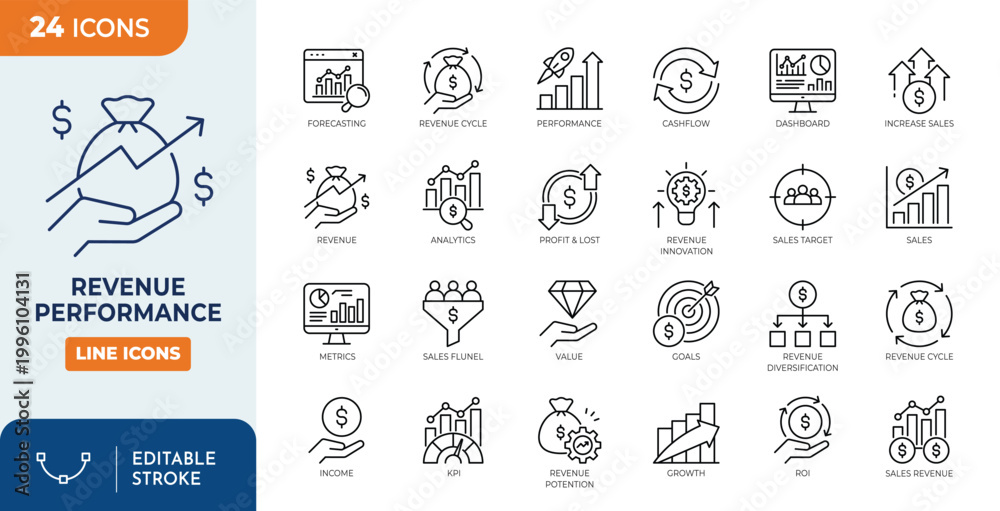 Obraz premium Revenue performance icon set. Editable stroke. Vector illustration