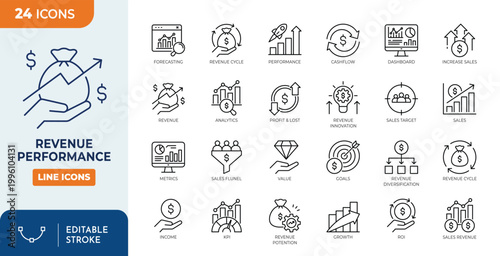Revenue performance icon set. Editable stroke. Vector illustration