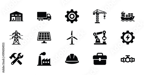 Industrial Icons Set, Warehouse, Truck, Gear, Crane, Ship, Power Line, Solar Panel, Wind Turbine, Robot Arm, Factory, Hard Hat, Briefcase, Valves, Tools