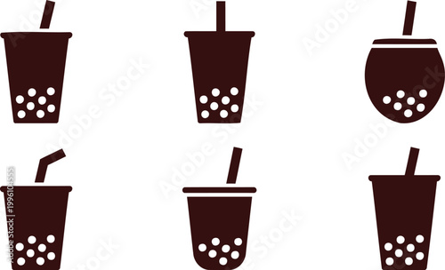 Brown bubble tea cups with straws and boba isolated on white background  various shapes and designs