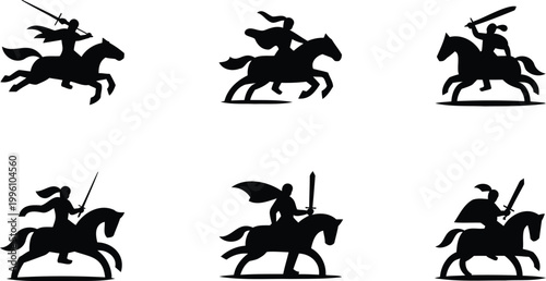 Collection of black silhouette illustrations of medieval knights on horseback with swords  various dynamic poses and movements