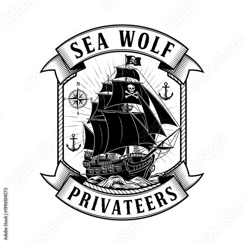 Vintage Sea Wolf Privateers Pirate Ship Emblem.