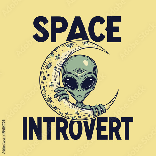 An alien character embracing a crescent moon with space and introvert text design