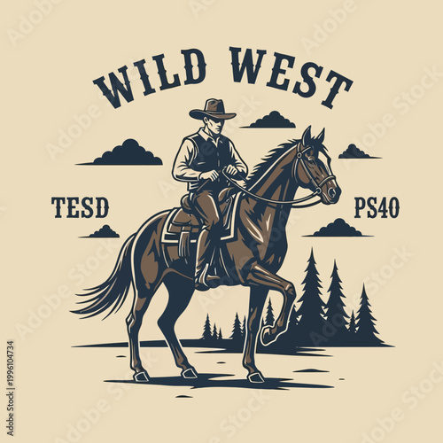 Cowboy Riding Horse in Wild West Scene.