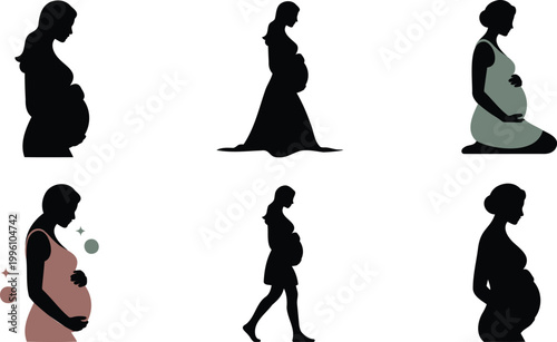 Pregnant women in various poses and outfits silhouettes isolated on white background
