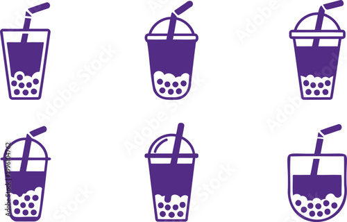 Purple bubble tea icons with straws and boba in cups with lids on white background  various views