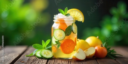 Refreshing Infused Water with Cucumber, Citrus, and Apple Slices in a Mason Jar