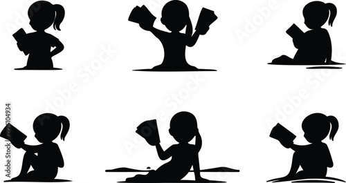 Silhouettes of a girl reading a book in various poses on white background  reading habits and relaxation