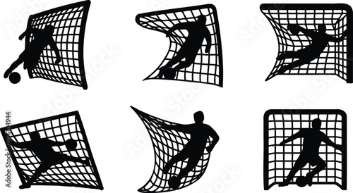 Silhouette of soccer goalkeepers in various poses saving ball from going into net  athletic movements and actions