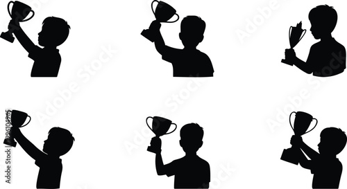 Silhouettes of people holding trophies in various celebratory poses on white background