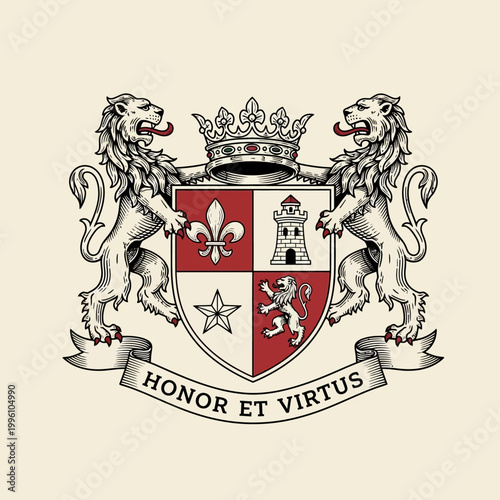 Coat of Arms with Lions and Crown Emblem.