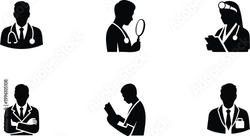 Six black silhouettes of doctors and medical professionals in various poses on white background  stethoscopes and medical tools