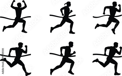 Six black silhouettes of people running and jumping over a finish line in different poses on white background