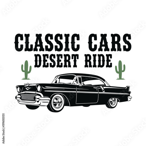 Classic cars drive through desert landscape in vintage style design