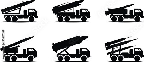 Six black silhouettes of military missile launchers on trucks in different positions and angles  side views