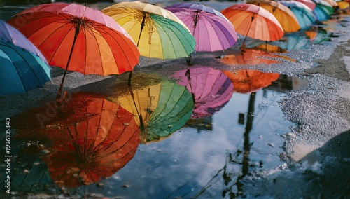 Colorful Umbrellas Reflected in Puddle After Rain.