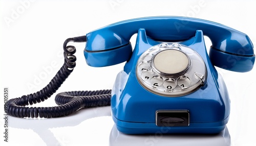 photo of an old vintage blue rotary dial phone with receiver and a spiral cord isolated on white or white background