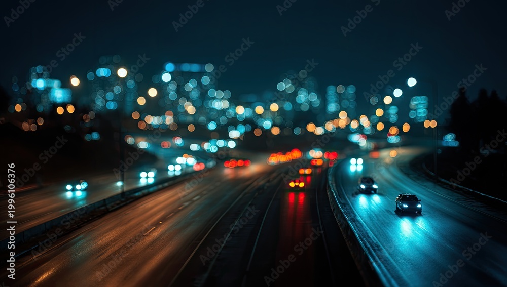 Obraz premium Blurred Cityscape at Night with Traffic Lights and Car Trails.