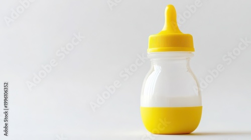 A baby bottle filled with milk on a clean white background