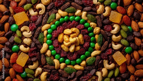 Colorful Assortment of Dried Fruits and Nuts Arranged in a Mandala Pattern.