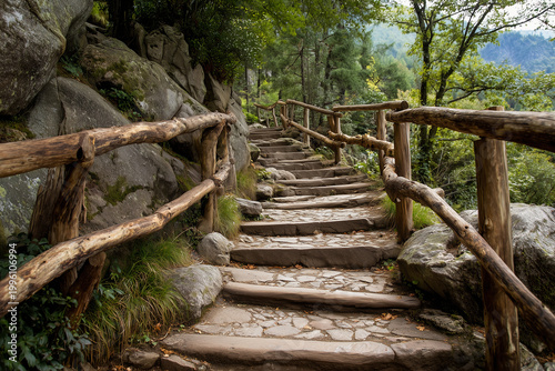 Trail stairs with wooden railing lead through forested area with rocks and trees in daylight