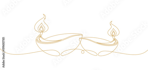Two golden Diyas diwali line art style with white background	