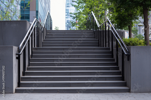 Concrete stairs lead up to modern buildings with steel railing and greenery around in a city setting